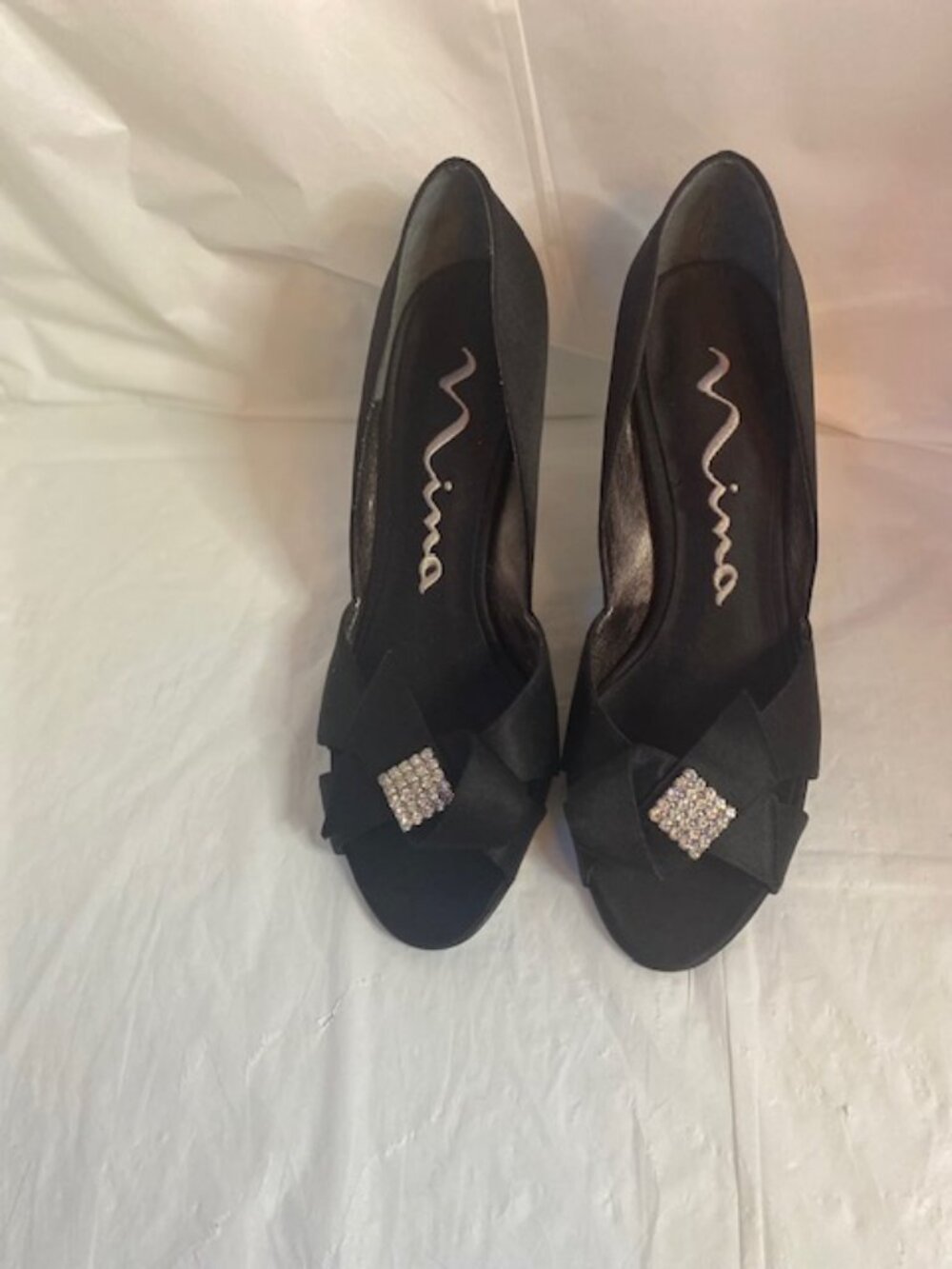 Nina Black Satin Peep Toe Bow Front With Rhinestones Heel, Women's  Size 7.5M